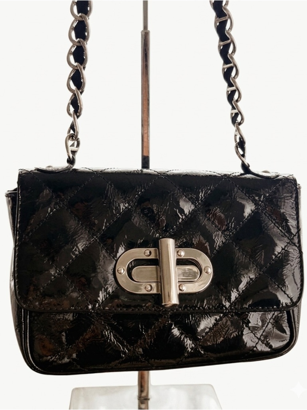 Adriana V. Campanile Black Quilted Patent Leather Chain Shoulder Bag